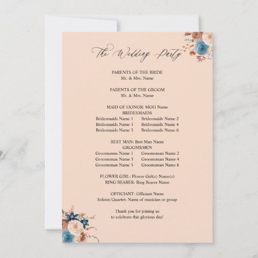 Beige & Dusty Blauw Bloemen Huwelijksprogramma - B Kaart (Achterkant)