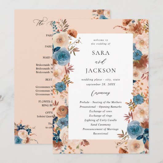 Beige & Dusty Blauw Bloemen Huwelijksprogramma - B Kaart (Voorkant / Achterkant)