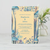 Beige Dusty Blue Art Woodland Mushroom Wedding Kaart (Staand voorkant)