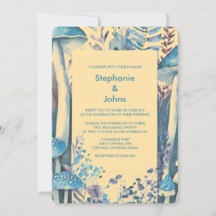 Beige Dusty Blue Art Woodland Mushroom Wedding Kaart