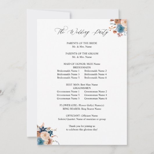 Beige & Dusty Blue Floral bruiloft ceremonie progr Kaart (Achterkant)