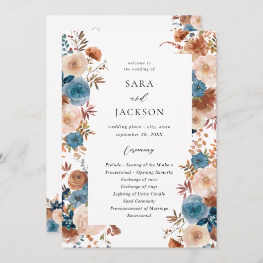 Beige & Dusty Blue Floral bruiloft ceremonie progr Kaart (Voorkant / Achterkant)