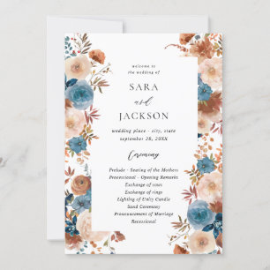 Beige & Dusty Blue Floral bruiloft ceremonie progr Kaart