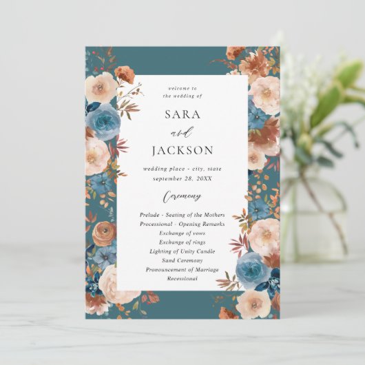 Beige & Dusty Blue Floral bruiloft programma - Bla (Staand voorkant)