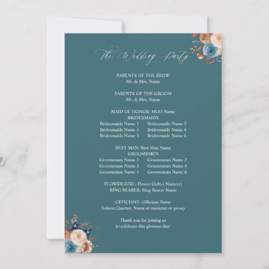 Beige & Dusty Blue Floral bruiloft programma - Bla (Achterkant)