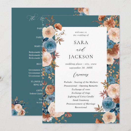 Beige & Dusty Blue Floral bruiloft programma - Bla (Voorkant / Achterkant)