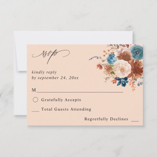 Beige & Dusty Blue Floral no Meal RSVP 2 - Beige (Voorkant)