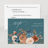 Beige & Dusty Blue Floral w Meal RSVP - Blauwgroen Kaartje (Voorkant / Achterkant)