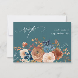 Beige & Dusty Blue Floral w Meal RSVP - Blauwgroen Kaartje