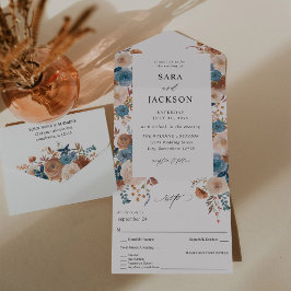 Beige & Dusty Blue Floral Wedding All In One Uitnodiging