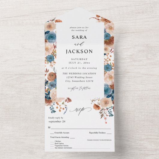 Beige & Dusty Blue Floral Wedding All In One Uitnodiging (Binnen)