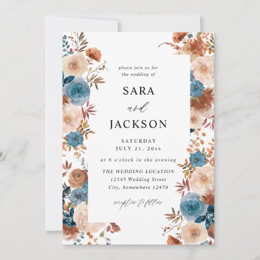 Beige & Dusty Blue Floral Wedding Kaart (Voorkant)