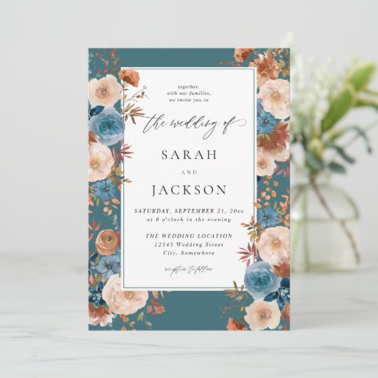 Beige & Dusty Blue Floral Wedding S2 - Blauwgroen Kaart (Staand voorkant)