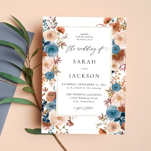 Beige & Dusty Blue Floral Wedding S2 - w Beige LN Kaart