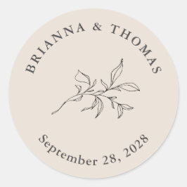 Beige eenvoudige botanische bruiloft ronde sticker