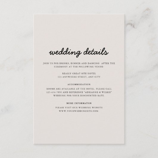 Beige eenvoudige minimalistische foto bruiloft det informatiekaartje (Voorkant)