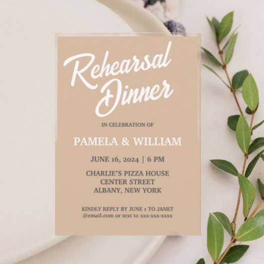 Beige eenvoudige stijl bruiloft repetitie diner kaart