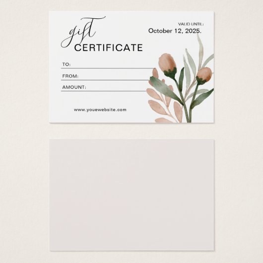Beige Eenvoudige Waterverf Floral Cadeaubon Visitekaartje (Voorkant /achterkant)