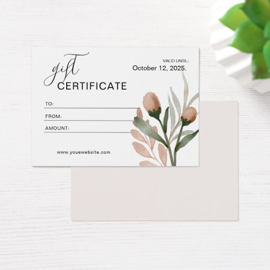 Beige Eenvoudige Waterverf Floral Cadeaubon Visitekaartje (Bureau)