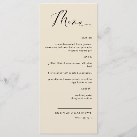 Beige Elegant Calligraphy Wedding / Reception Menu (Voorkant)