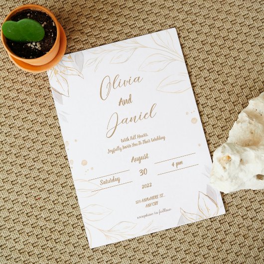 Beige Elegant Floral Wedding Invitation Kaart