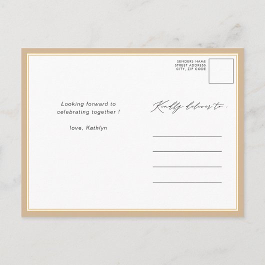 Beige Elegant Script Modern Vrijgezellenfeest Uitnodiging Briefkaart (Achterkant)