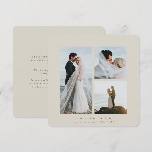 Beige Elegant Square Three Photo Wedding Flat Bedankkaart (Voorkant / Achterkant)