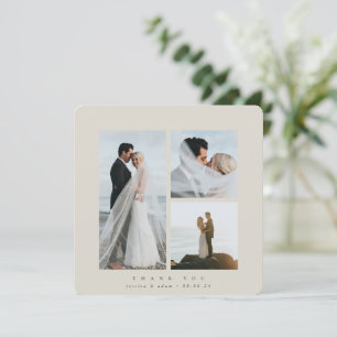 Beige Elegant Square Three Photo Wedding Flat Bedankkaart