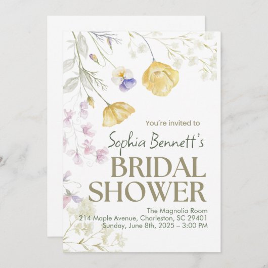 Beige Elegante Bloemen Bruids Douche Uitnodiging (Voorkant / Achterkant)