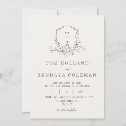 Beige Elegante Bloemige Monogram Trouw Uitnodiging (Voorkant)
