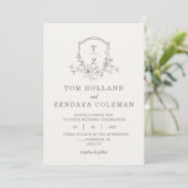 Beige Elegante Bloemige Monogram Trouw Uitnodiging (Staand voorkant)