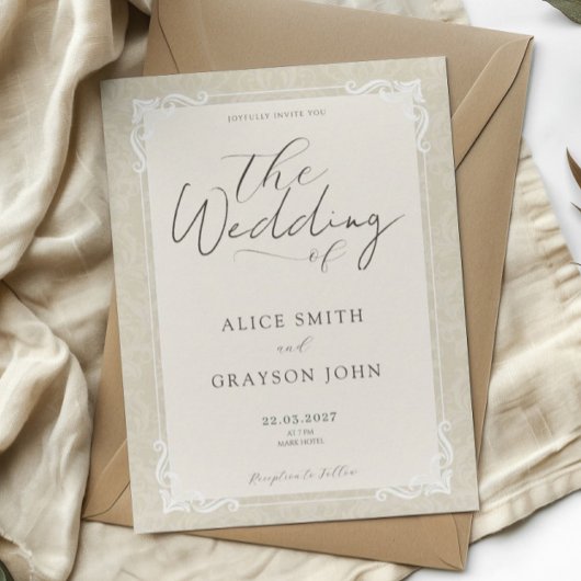 Beige Elegante Klassieke Script Huwelijk Kaart