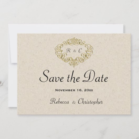 Beige Elegantie Gouden Crest Bruiloft Save The Date (Voorkant)