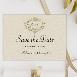 Beige Elegantie Gouden Wapen Huwelijk Save The Date