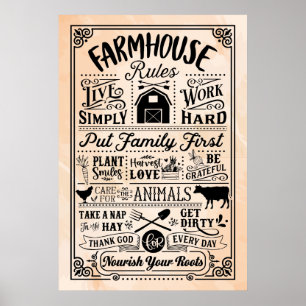 Beige en Black Boerderij House Rules Poster