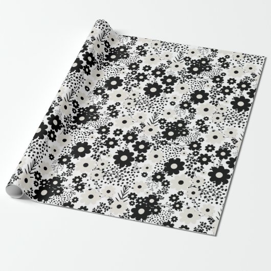 Beige en Black Flowers Cadeaupapier (Uitgerold)