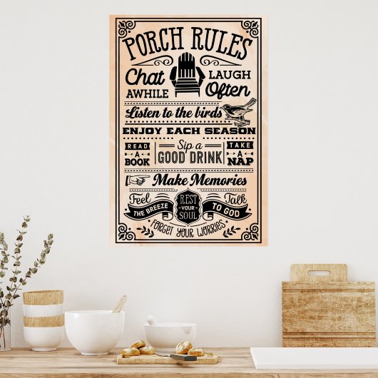 Beige en Black Porch Rules Poster (Keuken)