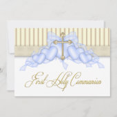 Beige en Blauw Goud Kruis Jongens Eerste Communie Kaart (Voorkant)