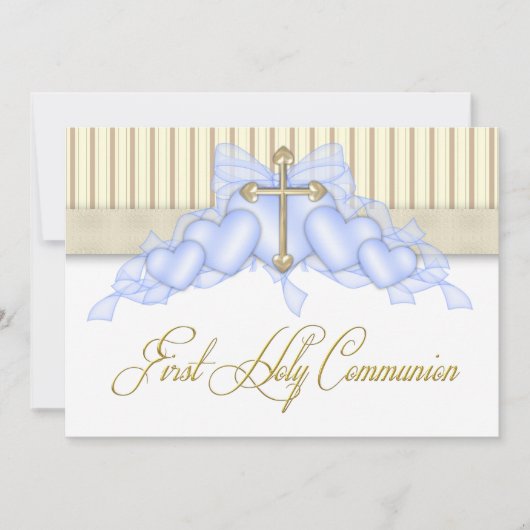 Beige en Blauw Goud Kruis Jongens Eerste Communie Kaart (Voorkant)