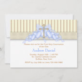 Beige en Blauw Goud Kruis Jongens Eerste Communie Kaart (Achterkant)