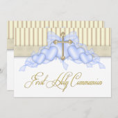 Beige en Blauw Goud Kruis Jongens Eerste Communie Kaart (Voorkant / Achterkant)