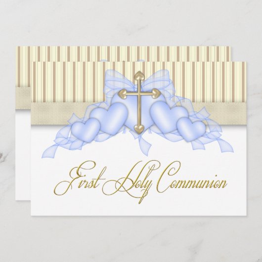 Beige en Blauw Goud Kruis Jongens Eerste Communie Kaart (Voorkant / Achterkant)