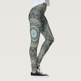 Beige en Blauw Grijs Mandala Kaleidoscoop Medaillo Leggings