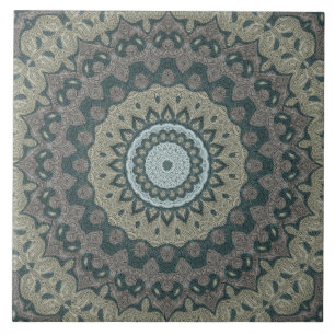 Beige en Blauw Grijs Mandala Kaleidoscoop Medaillo Tegeltje