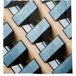 Beige en Blauwe Abstracte Architectuur Douchegordijn