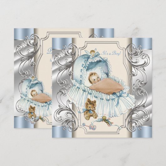 Beige en Blauwe  Baby Boy Shower Kaart (Voorkant / Achterkant)