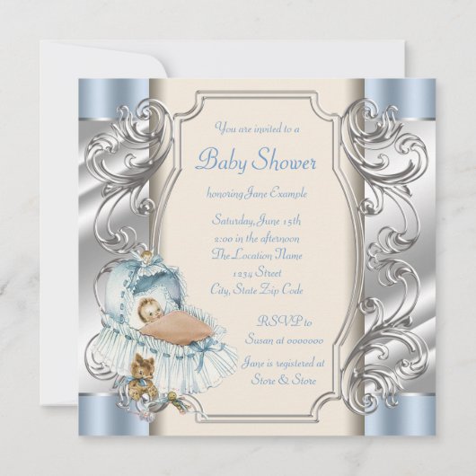 Beige en Blauwe  Baby Boy Shower Kaart (Achterkant)
