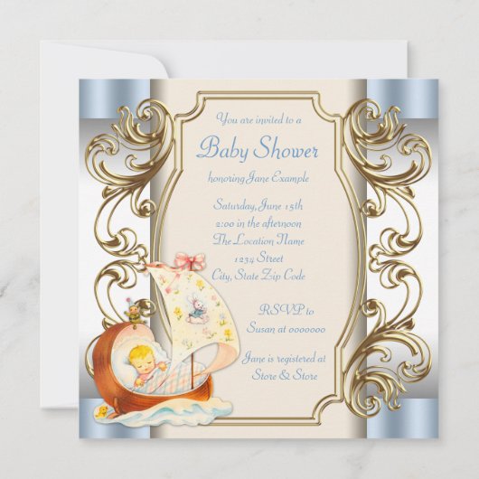 Beige en Blauwe Baby Boy Shower Kaart (Achterkant)