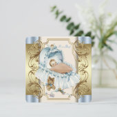 Beige en blauwe babyborrel voor jongen kaart (Staand voorkant)