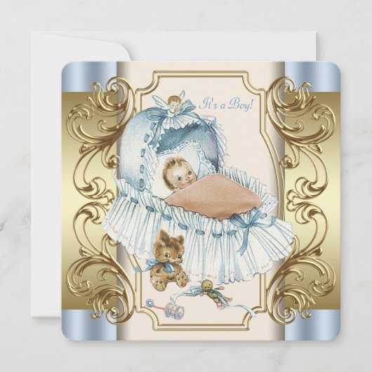 Beige en blauwe babyborrel voor jongen kaart (Voorkant)
